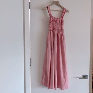 rose pink softcore midi dress with ruched bust, high waist, long skirt
